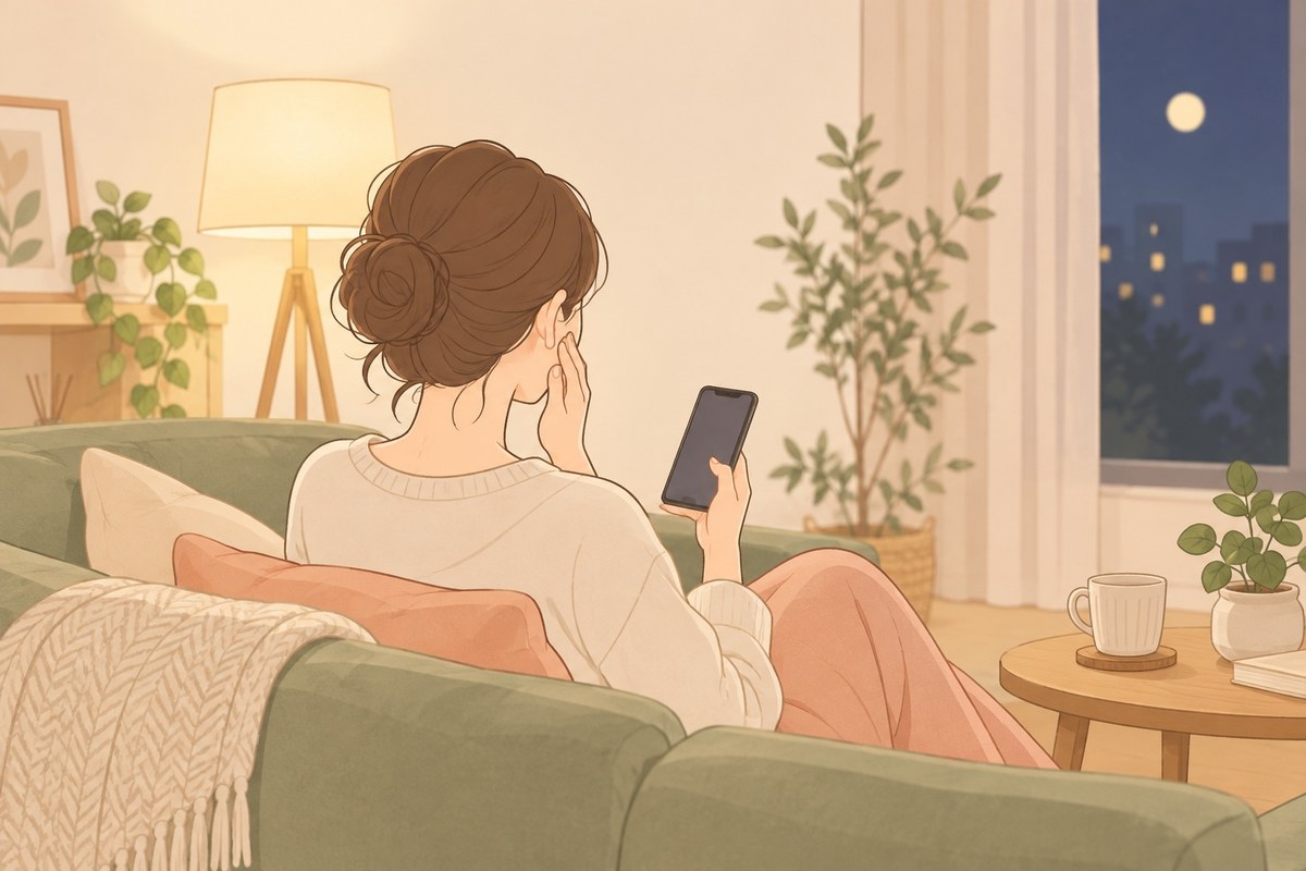 日曜の夜、スマホを見ながら頬に手を当てる場面