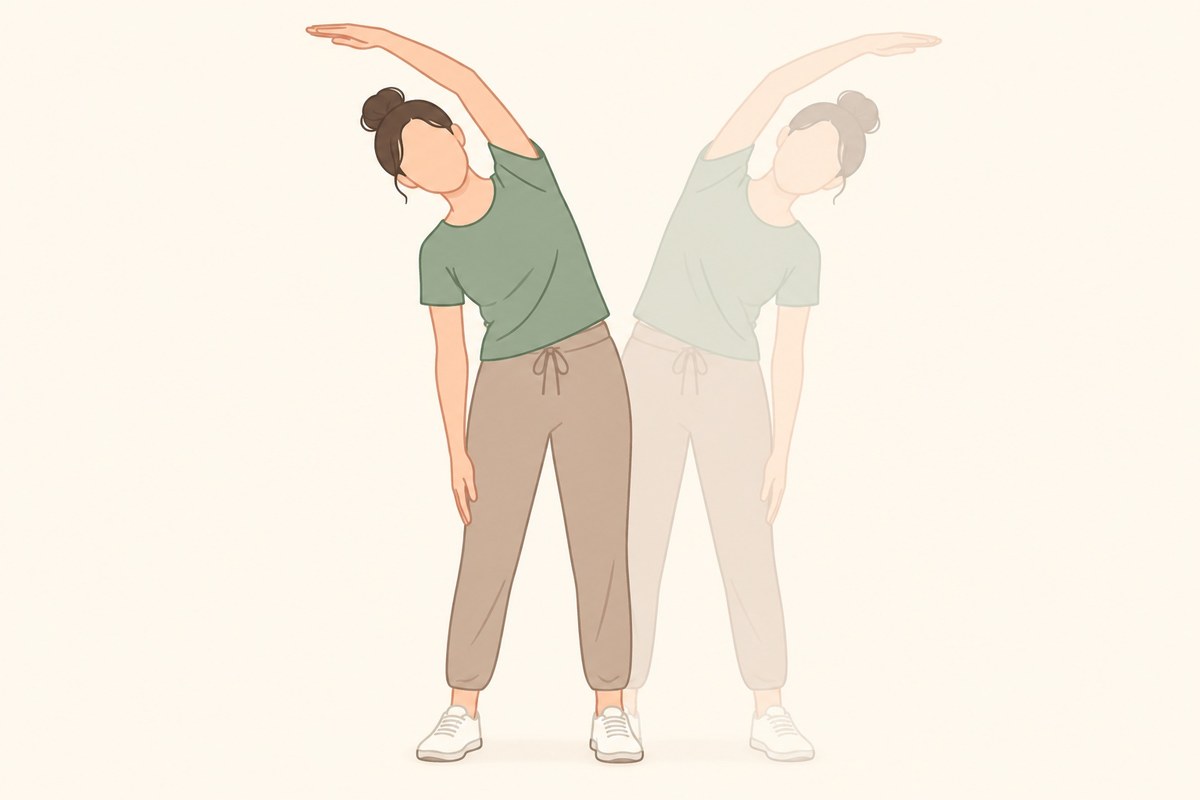 立った姿勢で体を左右に倒し、傾きと可動域を見る
