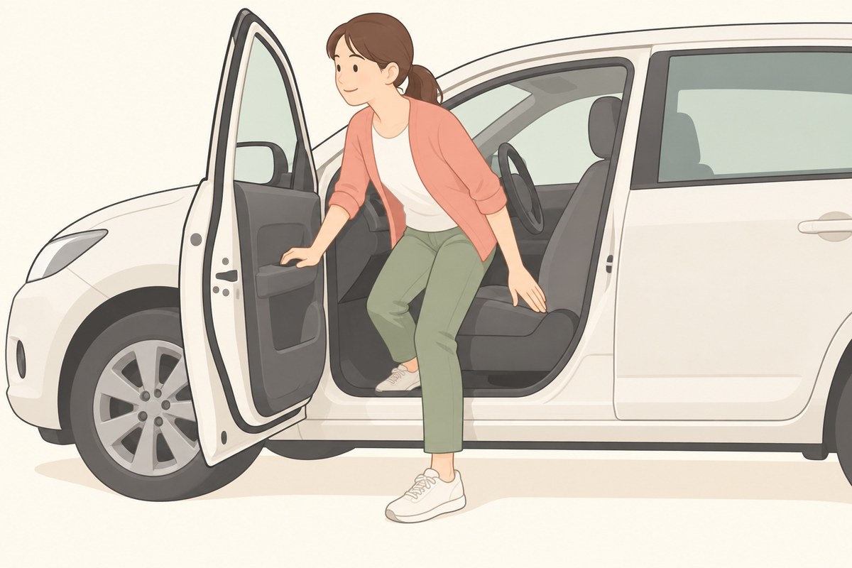 車の座席から立ち上がる途中で動きが止まった姿勢